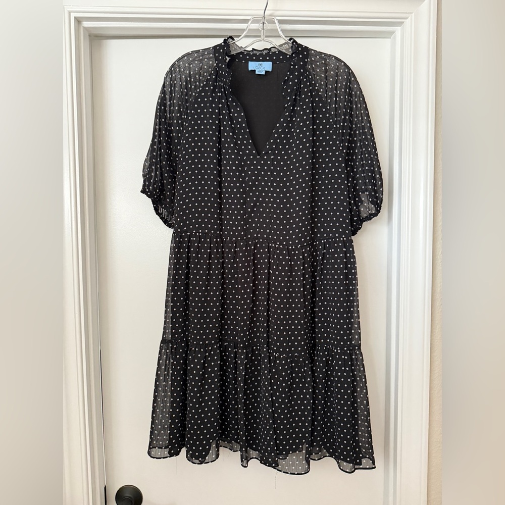 CeCe Black and White Ruffled Puff Sleeve Mini Dress